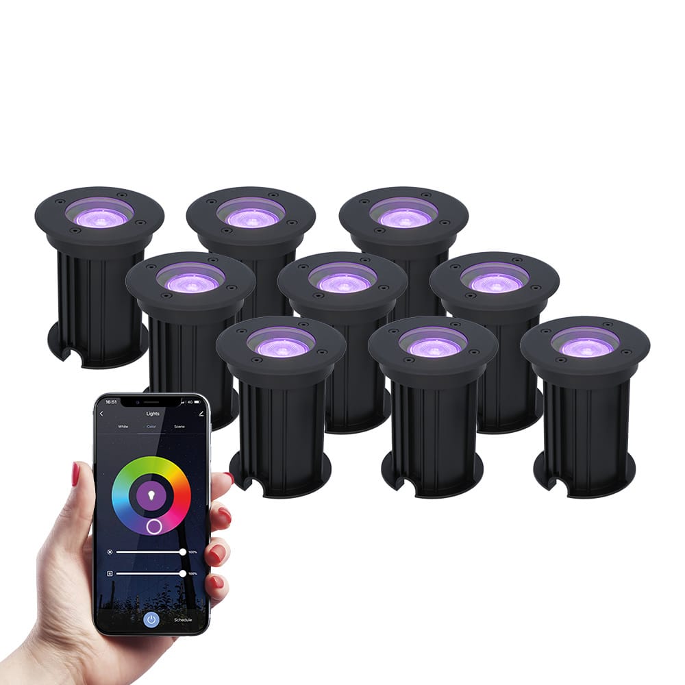 Set van 9 Maisy Smart Grondspots Rond - Ø12cm - 5.5 Watt 345 lumen - RGBWW - Wifi + Bluetooth - Bestuurbaar via app - IP67 waterdicht - Google Home - Amazon Alexa - Zwart afbeelding