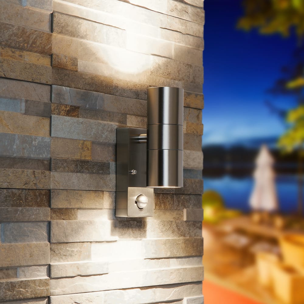 Set van 6 Wandlampen Jasmin - RVS - 6000k Daglicht Wit - 10 Watt 800 lumen - Bewegingssensor en schemeringschakelaar - IP44 waterdicht - Up and Downlight voor buiten afbeelding