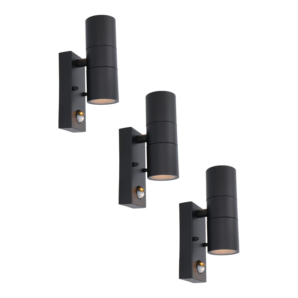 Set van 3 Blenda Wandlamp Zwart - 2700K Warm Wit - 8 watt 690 lumen - Bewegingssensor en Schemerschakelaar - IP44 Waterdicht - Up & Downlight voor buiten afbeelding