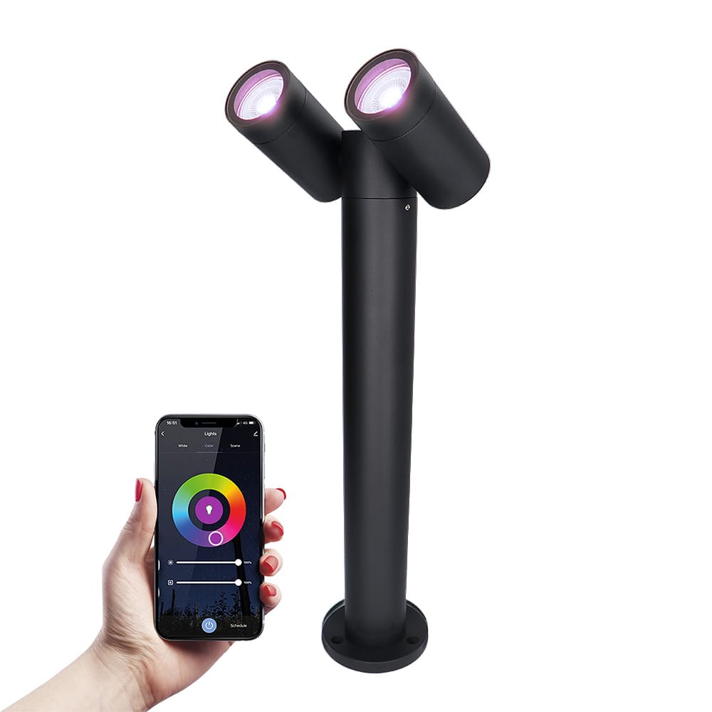 Aspen Dubbel Smart sokkellamp - 45cm - RGBWW - 11 Watt 800 lumen - WiFi & Bluetooth - 2x GU10 lichtbron - Google Home - Amazon Alexa - IP65 waterdicht - Zwart afbeelding