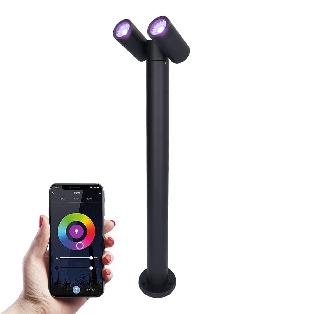 Aspen Dubbel Smart sokkellamp - 60cm - RGBWW - 11 Watt 800 lumen - WiFi & Bluetooth - 2x GU10 lichtbron - Google Home - Amazon Alexa - IP65 waterdicht - Zwart afbeelding