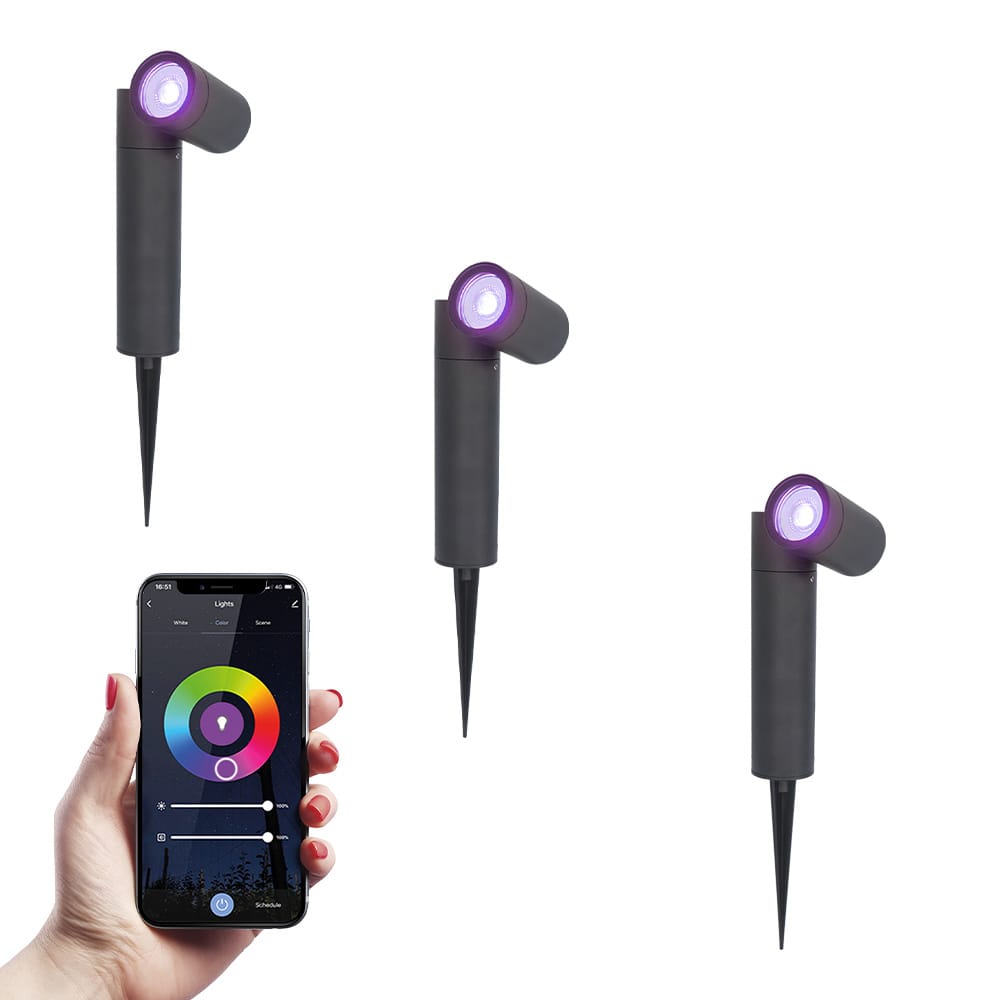 Set van 3 Pinero - Smart LED Prikspot - IP65 waterdicht - 5,5 Watt 345 Lumen - RGBWW - GU10 - Wifi + Bluetooth - IP65 Waterdicht - Bestuurbaar via app - Google Home, Amazon Alexa en Siri - Zwart - Tuinspots afbeelding