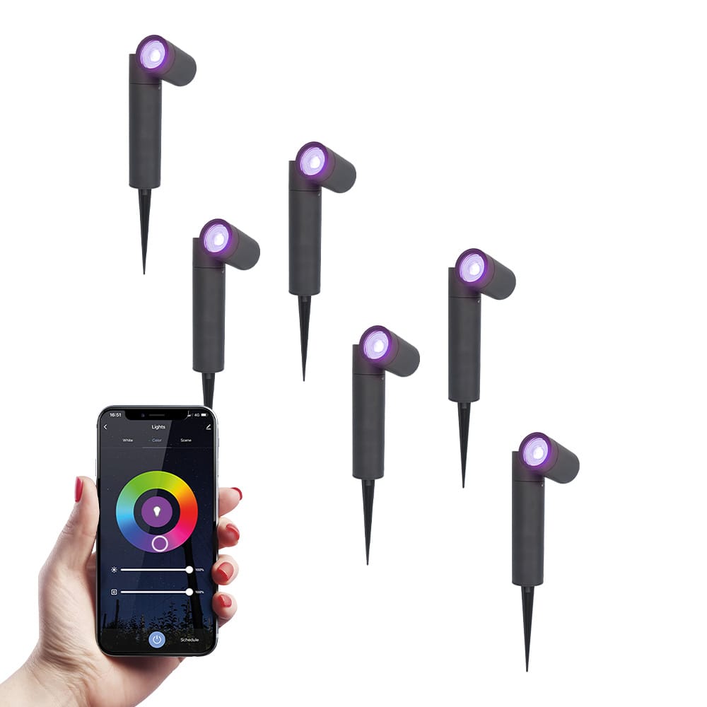 Set van 6 Pinero - Smart LED Prikspot - IP65 waterdicht - 5,5 Watt 345 Lumen - RGBWW - GU10 - Wifi + Bluetooth - IP65 Waterdicht - Bestuurbaar via app - Google Home, Amazon Alexa en Siri - Zwart - Tuinspots afbeelding