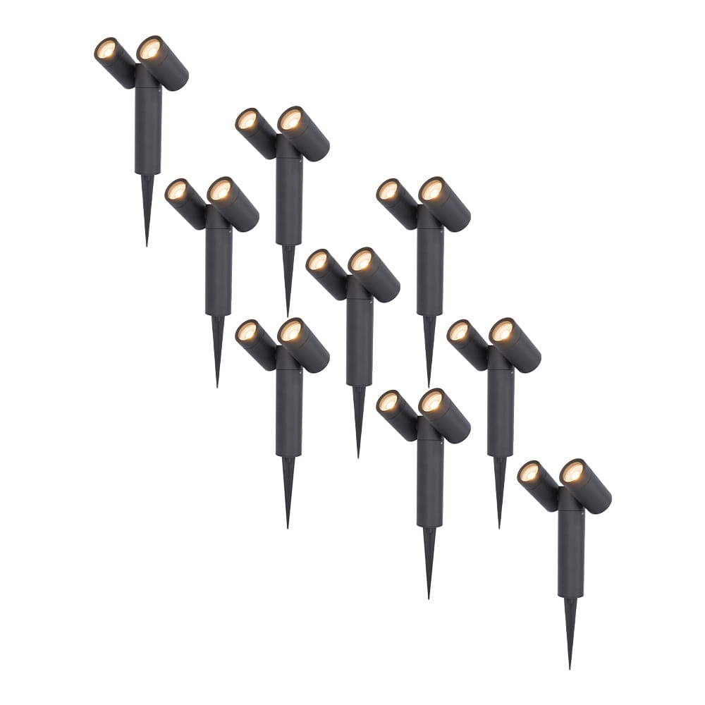 Set van 9 Pinero Dubbel LED prikspots - GU10 8 watt 345 lumen - Dimbaar - Kantelbaar - 2700K warm wit - IP65 Waterdicht - Zwart afbeelding