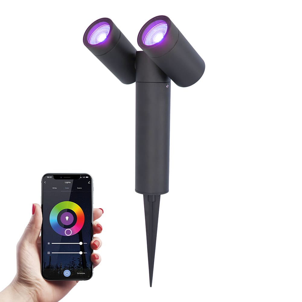 Pinero Dubel Smart LED Prikspot IP65 waterdicht 11 Watt 690 Lumen RGBWW GU10 Wifi Bluetooth IP65 Waterdicht Bestuurbaar via app Google Home, Amazon Alexa en Siri Zwart Tuinspots