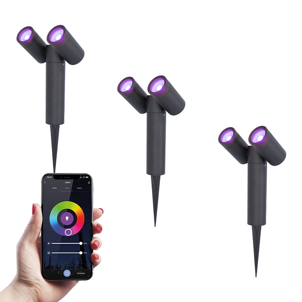 Set van 3 Pinero Dubel Smart LED Prikspot IP65 waterdicht 11 Watt 690 Lumen RGBWW GU10 Wifi Bluetooth IP65 Waterdicht Bestuurbaar via app Google Home, Amazon Alexa en Siri Zwart Tuinspots