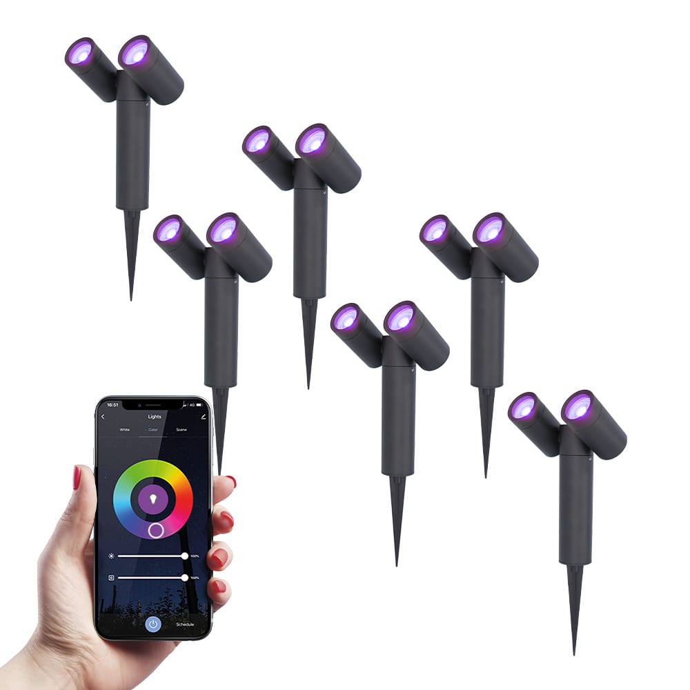 Set van 6 Pinero - Dubel Smart LED Prikspot - IP65 waterdicht - 11 Watt 690 Lumen - RGBWW - GU10 - Wifi + Bluetooth - IP65 Waterdicht - Bestuurbaar via app - Google Home, Amazon Alexa en Siri - Zwart - Tuinspots afbeelding