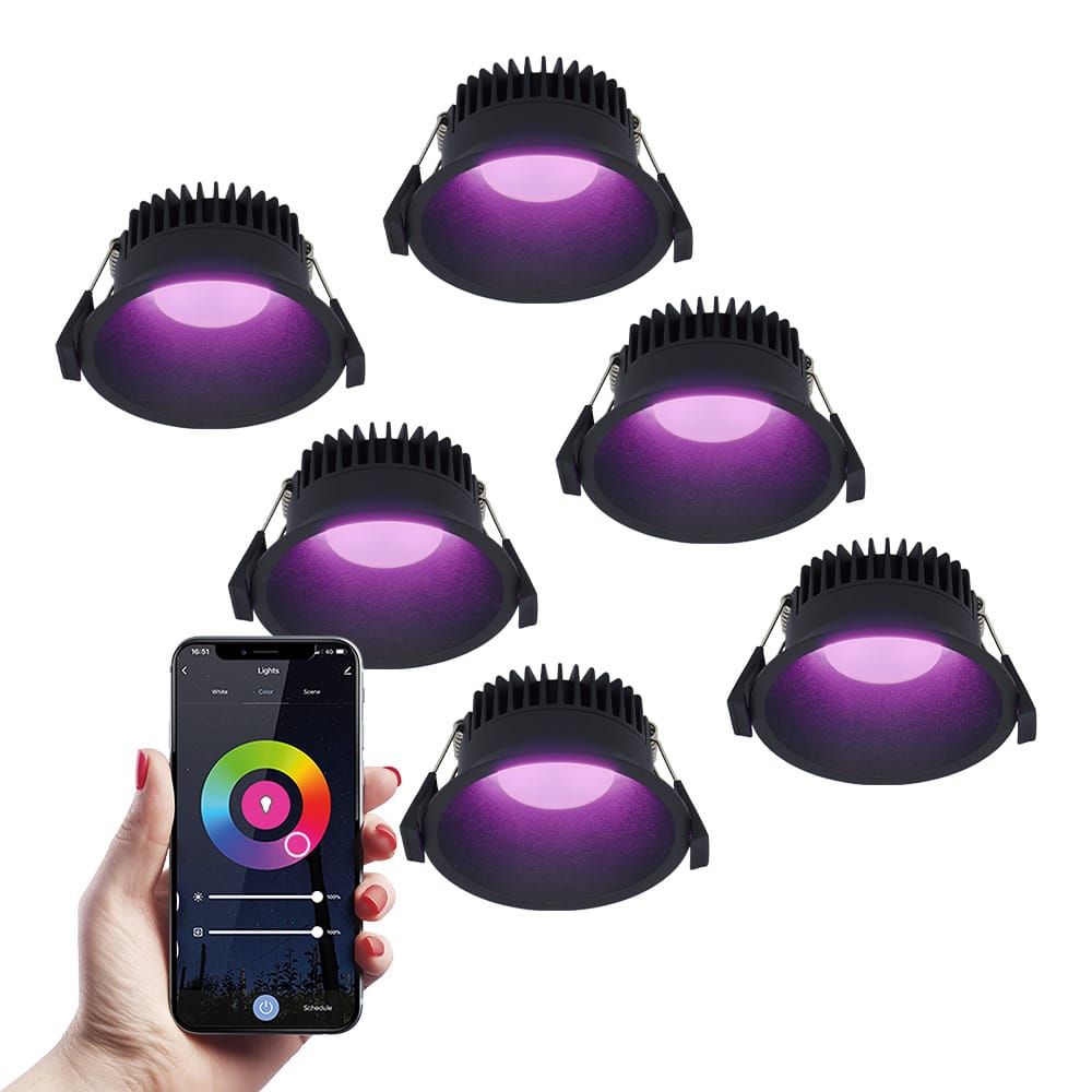 Set van 6 Finn smart inbouwspots - IP44 waterdicht - 10 Watt 630lm - Wifi + Bluetooth - RGBWW - Google Home, Amazon Alexa en Siri - Zwart - Voor binnen, buiten en badkamer afbeelding