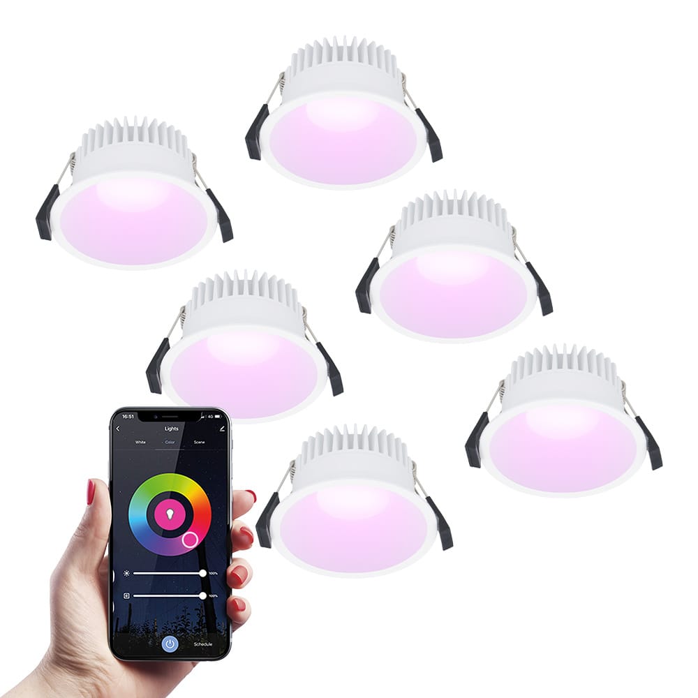Set van 6 Finn smart inbouwspots - IP44 waterdicht - 10 Watt 630lm - Wifi + Bluetooth - RGBWW - Google Home, Amazon Alexa en Siri - Wit - Voor binnen, buiten en badkamer afbeelding