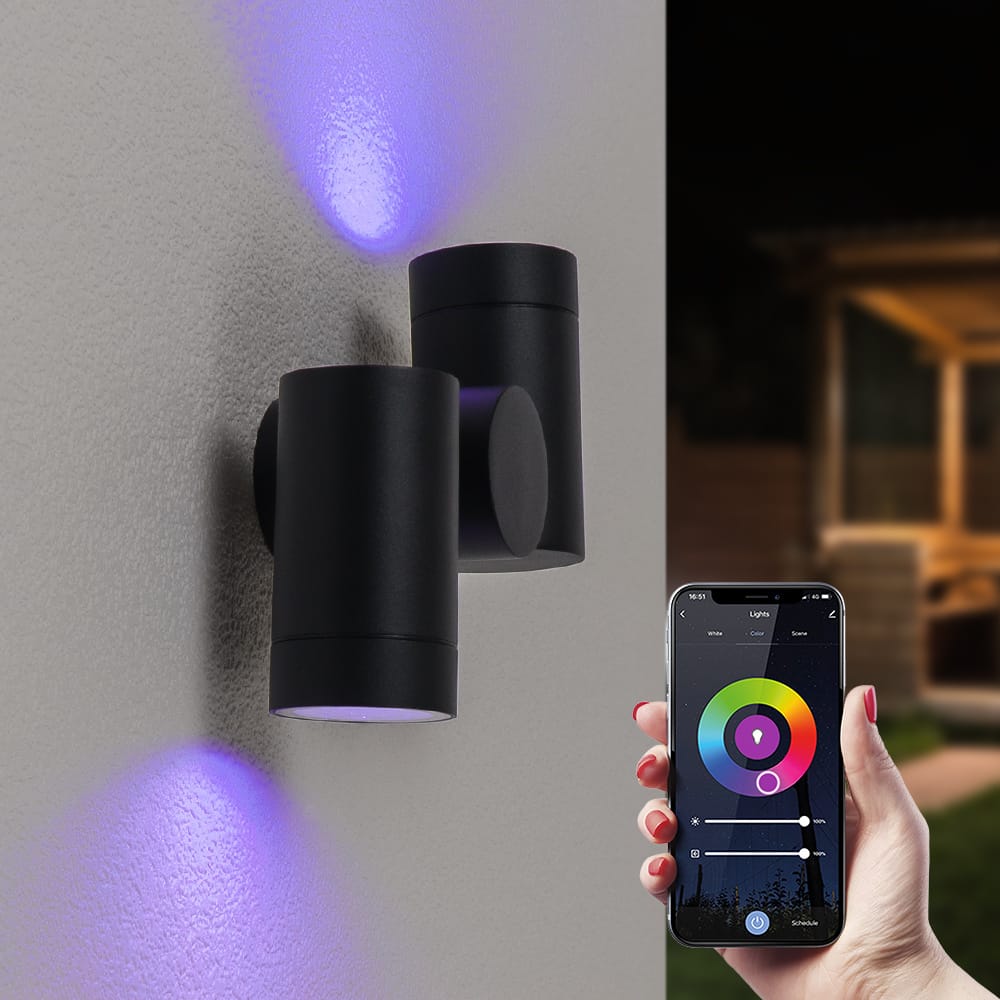 Silva Smart LED Wandlamp - Wifi + Bluetooth - 11 Watt 690 lumen - Dimbaar - Kantelbaar - RGBWW - IP65 waterdicht - GU10 - Up Down lamp - Zwart - Google Home, Amazon Alexa en Siri afbeelding