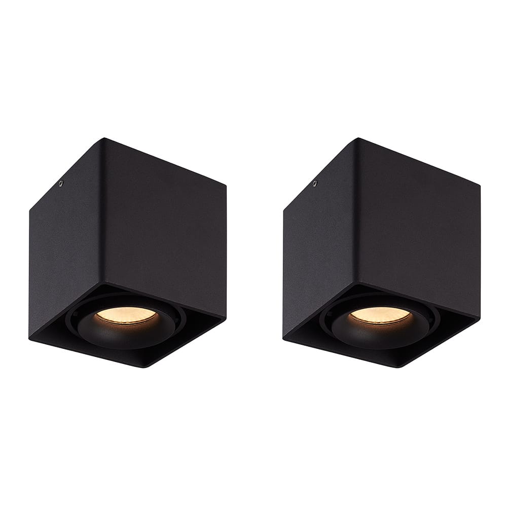 Set van 2 Esto LED vierkante opbouwspots - Dimbaar - Kantelbaar - 4 Watt 345 lumen - 2700K warm wit - GU10 - Plafondspot - Voor binnen - Vervangbare afdekring - Zwart afbeelding