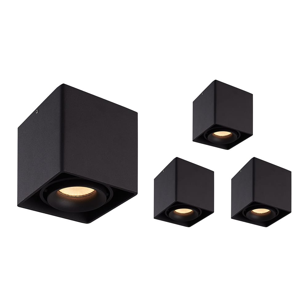 Set van 4 Esto LED vierkante opbouwspots - Dimbaar - Kantelbaar - 4 Watt 345 lumen - 2700K warm wit - GU10 - Plafondspot - Voor binnen - Vervangbare afdekring - Zwart afbeelding