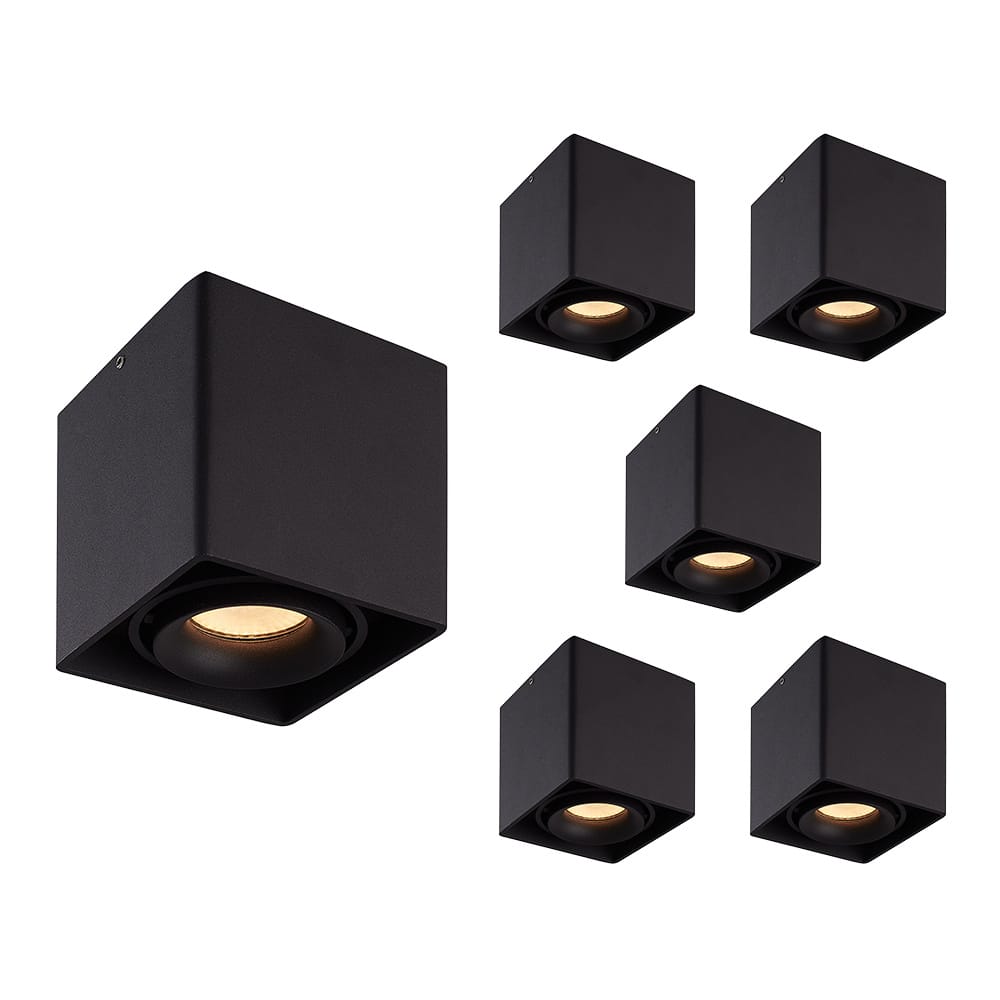 Set van 6 Esto LED vierkante opbouwspots - Dimbaar - Kantelbaar - 4 Watt 345 lumen - 2700K warm wit - GU10 - Plafondspot - Voor binnen - Vervangbare afdekring - Zwart afbeelding