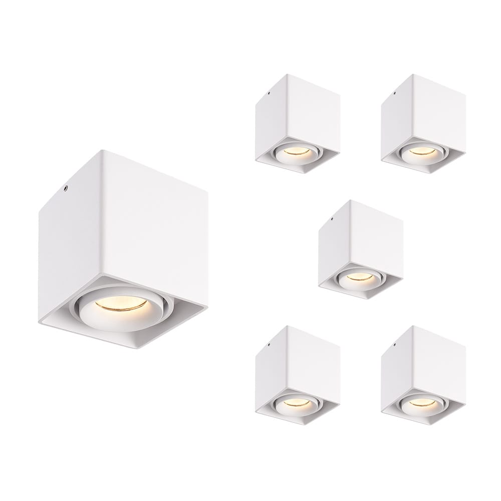 Set van 6 Esto LED vierkante opbouwspots - Dimbaar - Kantelbaar - 4 Watt 345 lumen - 2700K warm wit - GU10 - Plafondspot - Voor binnen - Vervangbare afdekring - Wit afbeelding