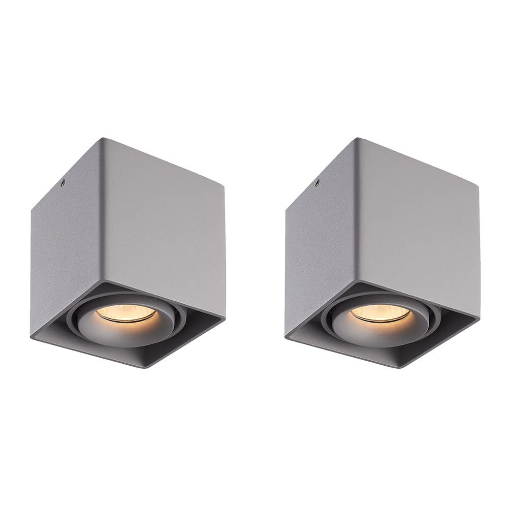 Set van 2 Esto LED vierkante opbouwspots - Dimbaar - Kantelbaar - 4 Watt 345 lumen - 2700K warm wit - GU10 - Plafondspot - Voor binnen - Vervangbare afdekring - Grijs afbeelding