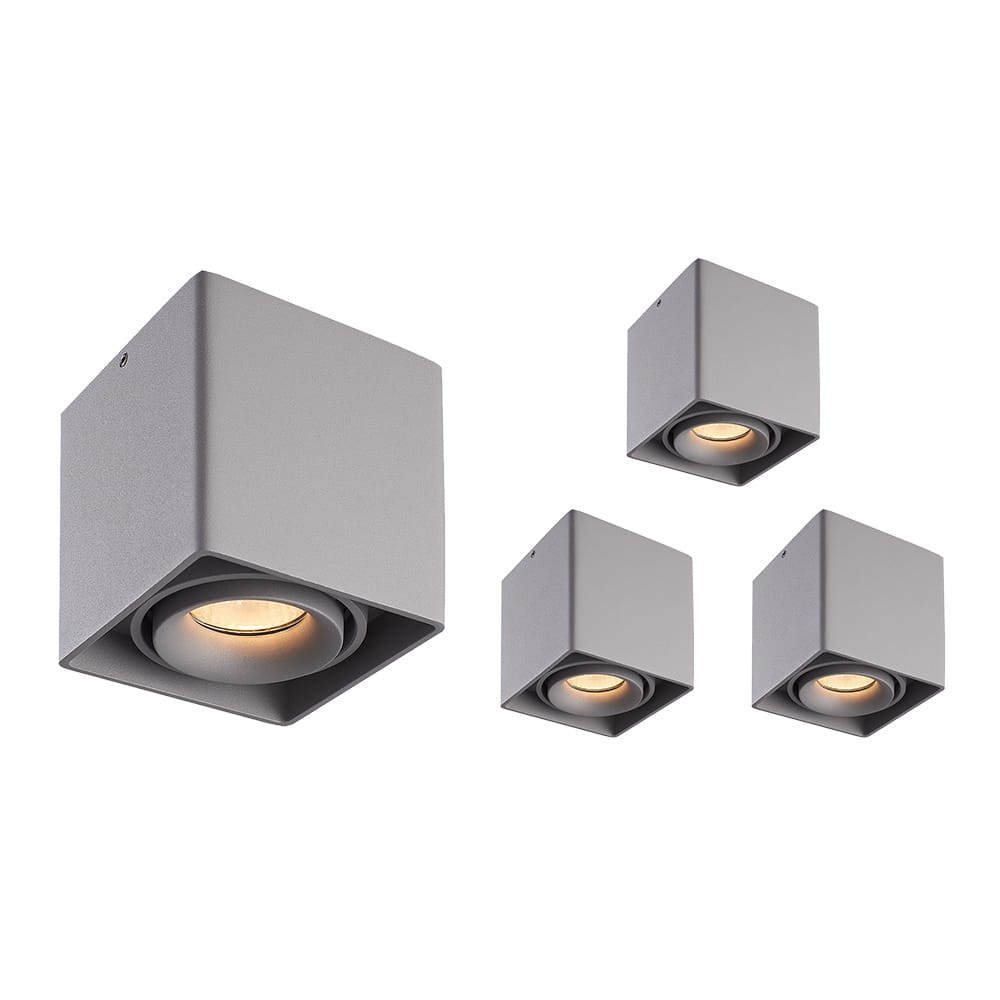 Set van 4 Esto LED vierkante opbouwspots - Dimbaar - Kantelbaar - 4 Watt 345 lumen - 2700K warm wit - GU10 - Plafondspot - Voor binnen - Vervangbare afdekring - Grijs afbeelding