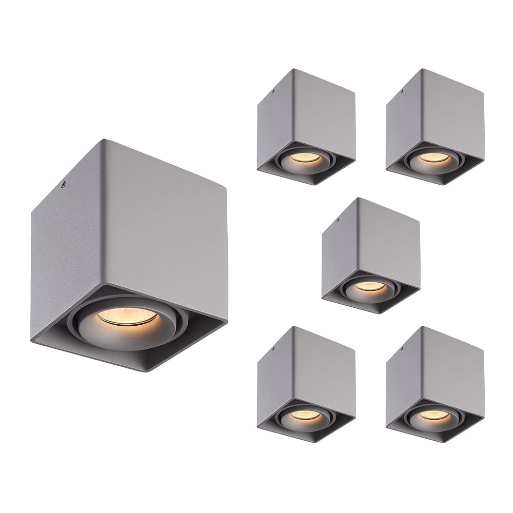 Set van 6 Esto LED vierkante opbouwspots - Dimbaar - Kantelbaar - 4 Watt 345 lumen - 2700K warm wit - GU10 - Plafondspot - Voor binnen - Vervangbare afdekring - Grijs afbeelding