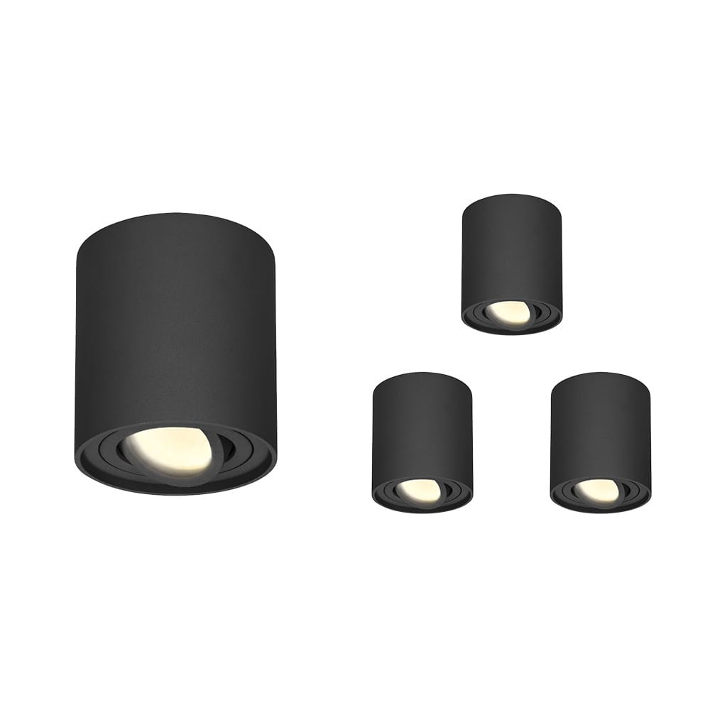 Set van 4 Ray LED opbouwspots - Rond - Dimbaar - 4 Watt 345 lumen - 2700K warm wit - Kantelbaar - GU10 - Plafondspot - IP20 Voor binnen - Zwart afbeelding