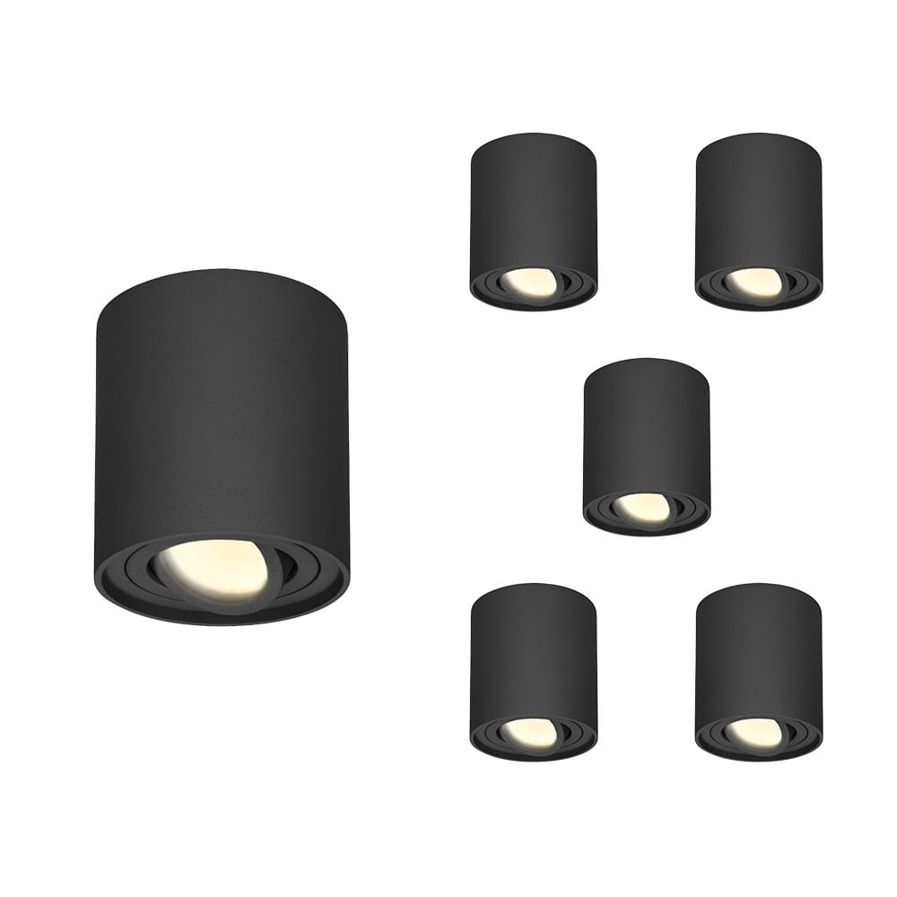 Set van 6 Ray LED opbouwspots - Rond - Dimbaar - 4 Watt 345 lumen - 2700K warm wit - Kantelbaar - GU10 - Plafondspot - IP20 Voor binnen - Zwart afbeelding
