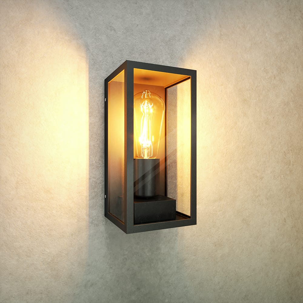 Industriële LED Wandlamp - Excl. E27 lichtbron - IP44 - Helder glas - Zwart afbeelding