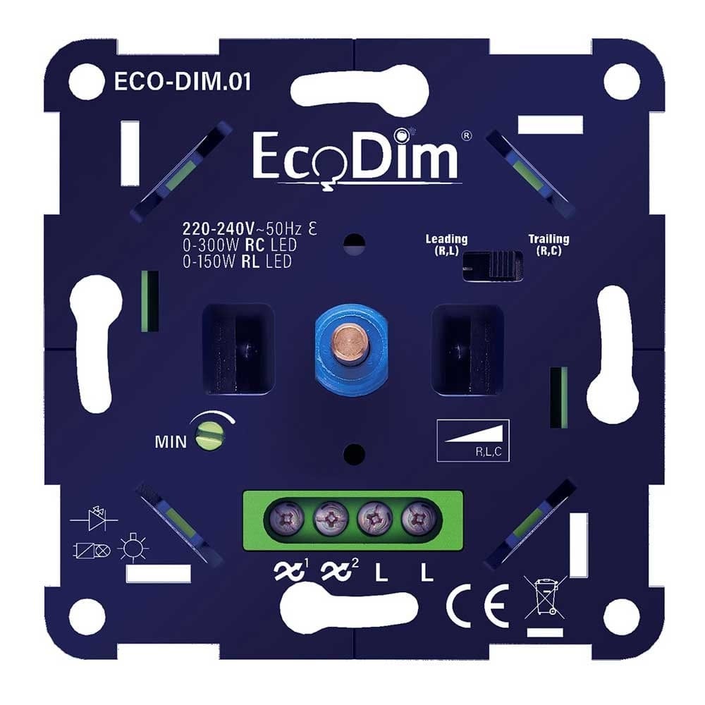 LED Dimmer Inbouw 0 300 Watt Geschikt voor fase aan en afsnijding Incl. wit frame en druk draaiknop Universeel Min. Instelbaar ECO DIM.01
