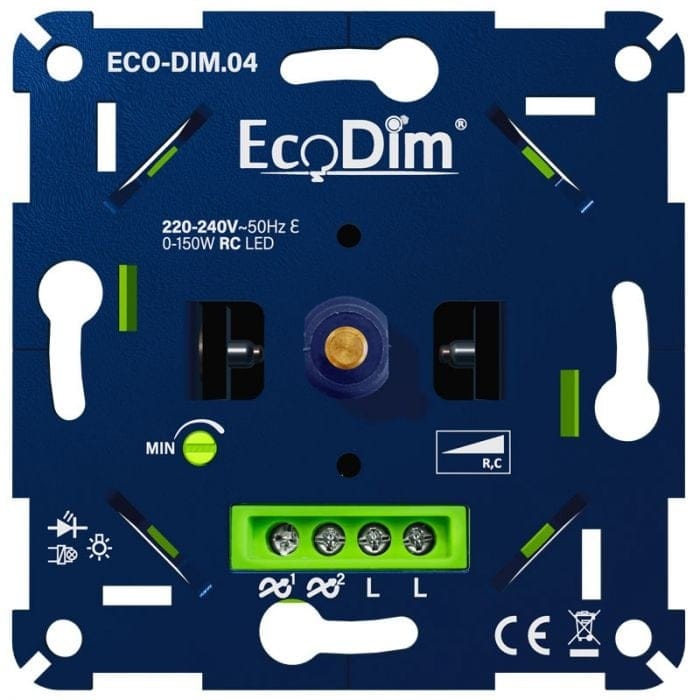 LED dimmer Inbouw 0 150 Watt Geschikt voor fase afsnijding Voor druk draaiknop Geschikt voor alle merken afdekmateriaal Min. Instelbaar ECO DIM.04