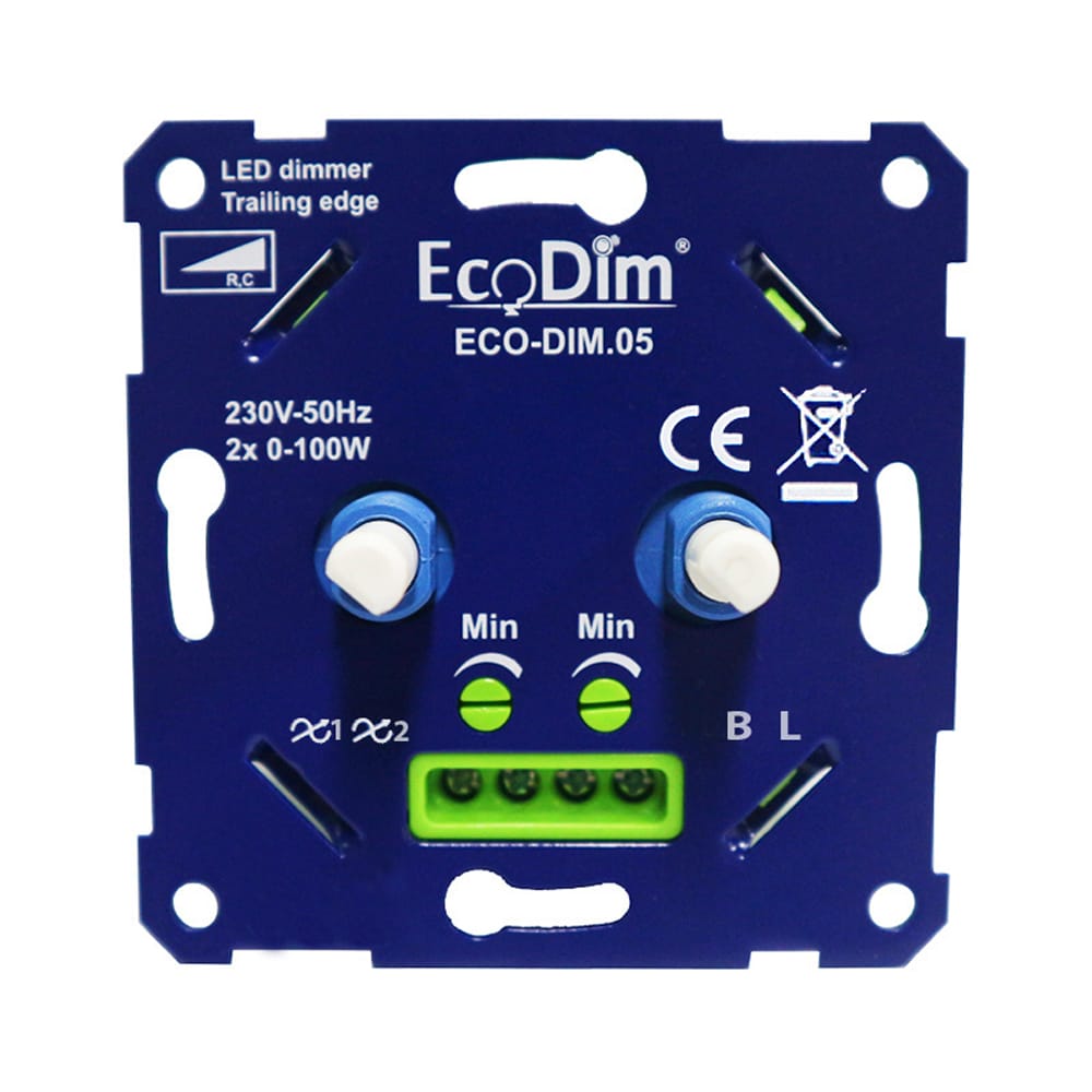 Duo LED dimmer Inbouw 2x 0 100 Watt Geschikt voor fase afsnijding Geschikt voor alle merken afdekmateriaal Min. Instelbaar ECO DIM.05