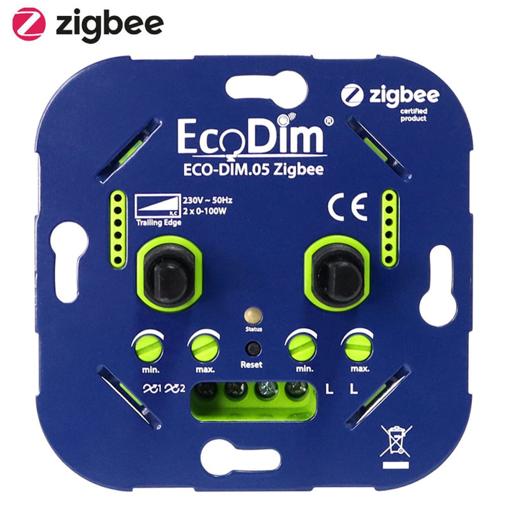 Smart Duo LED dimmer Zigbee Inbouw - 2x 0-100 Watt - Geschikt voor fase afsnijding - Min./Max. Instelbaar - ECO-DIM.05 Zigbee afbeelding