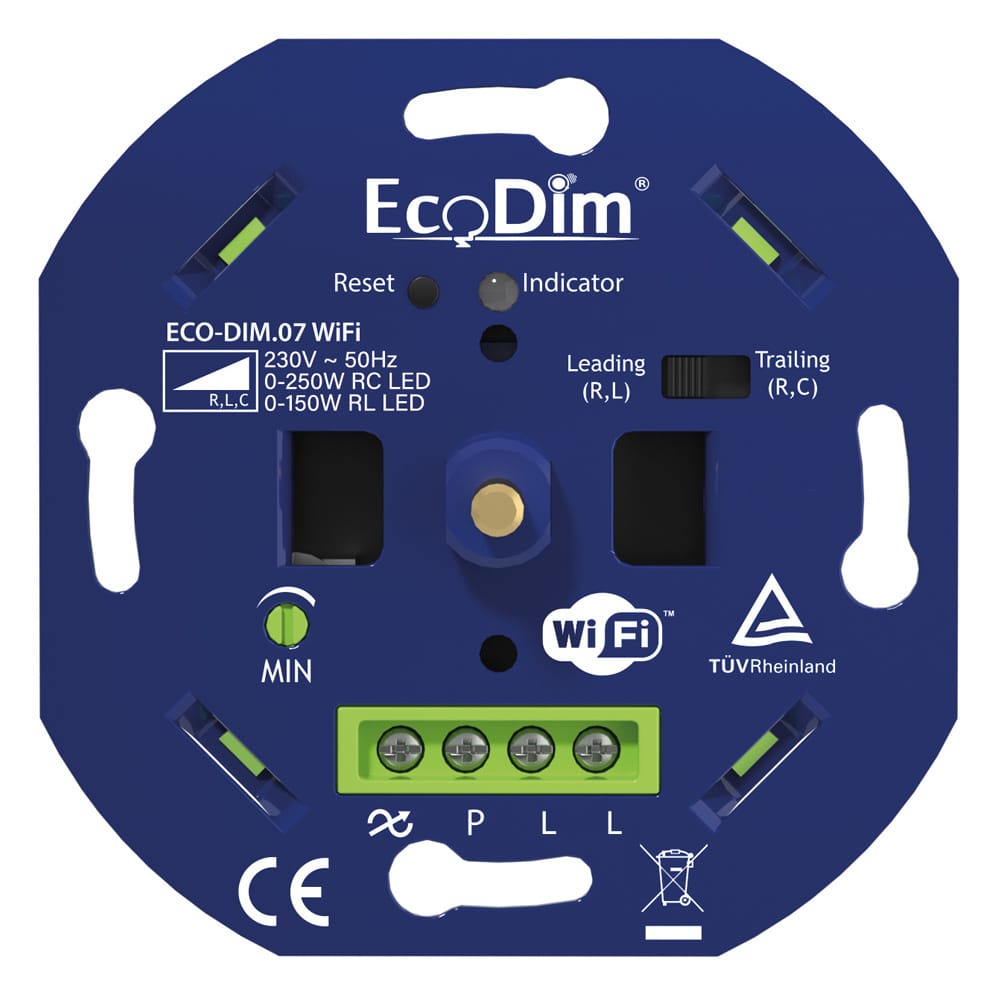 Smart LED Dimmer WiFi Inbouw 0 250 Watt Geschikt voor fase aan en afsnijding Min. Instelbaar ECO DIM.07.WiFi