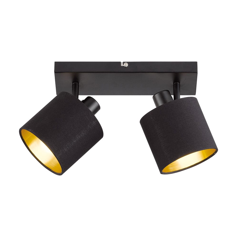 Tommy - LED plafondlamp - 2 spots - Draaibaar en dimbaar - Textiel Spots - E14 - Kantelbaar - Plafondspot - Voor binnen - Goud/Zwart afbeelding