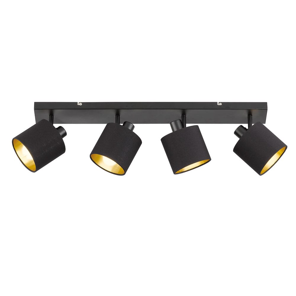 Tommy LED plafondlamp - 4 spots - Draaibaar en dimbaar - Textiel Spots - E14 - Kantelbaar - Plafondspot - Voor binnen - Goud/Zwart afbeelding