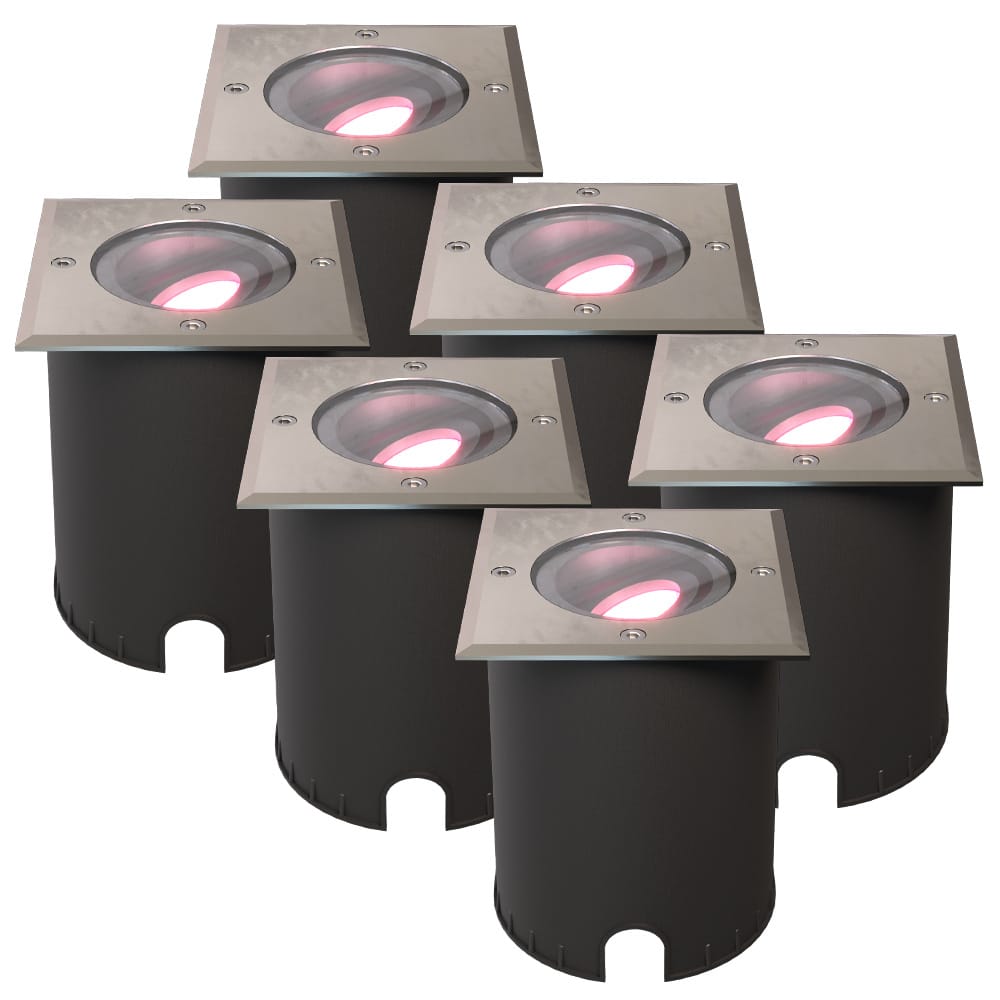 HOFTRONIC SMART Set van 6 Cody Smart Grondspots RVS - GU10 5,5 Watt 345 lumen - RGB + WW - Wifi + BLE - Kantelbaar - Overrijdbaar - Vierkant - IP67 waterdicht