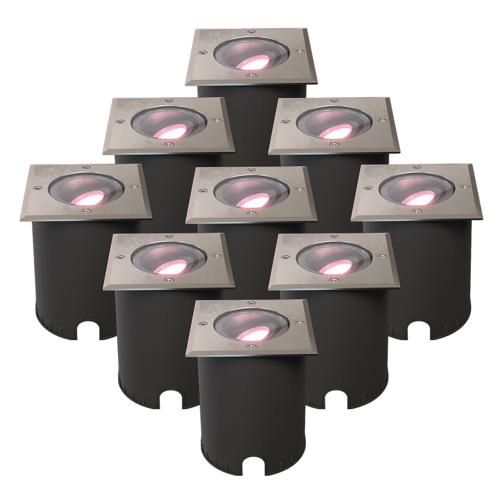 HOFTRONIC SMART Set van 9 Cody Smart Grondspots RVS - GU10 5,5 Watt 345 lumen - RGB + WW - Wifi + BLE - Kantelbaar - Overrijdbaar - Vierkant - IP67 waterdicht