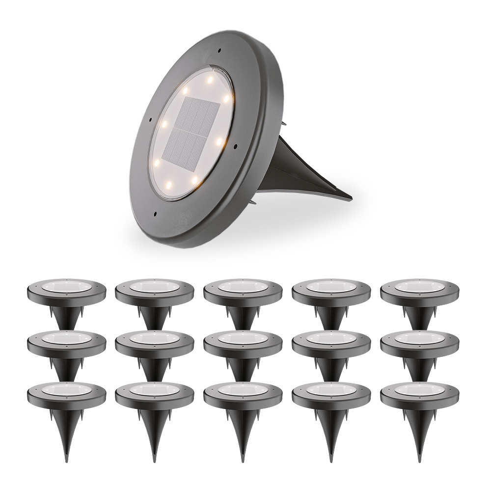 Ellis 16x lampes solaires au sol - 8 LED - 3000K - IP65 - Avec interrupteur crépusculaire - Noir