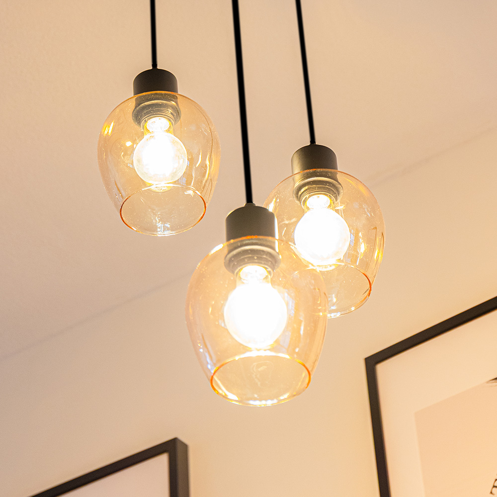 Zora - LED Hanglamp Glas - Amberkleurig - 3 lichts - 2700K - Zwart