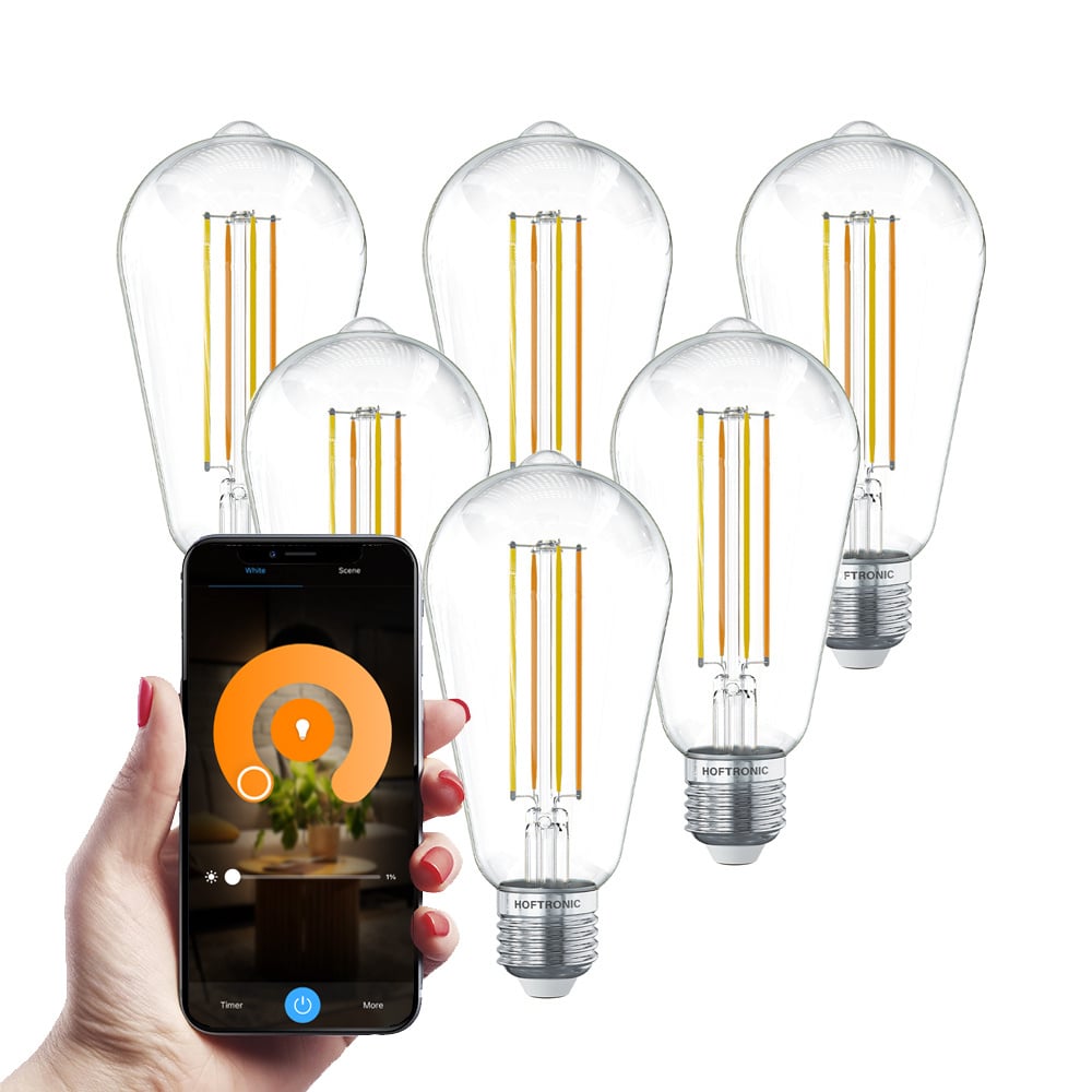 6x Smart E27 LED-glødelampe - 7W 806lm - ST64 - 1800-3000K - Dæmpbar - Edison
