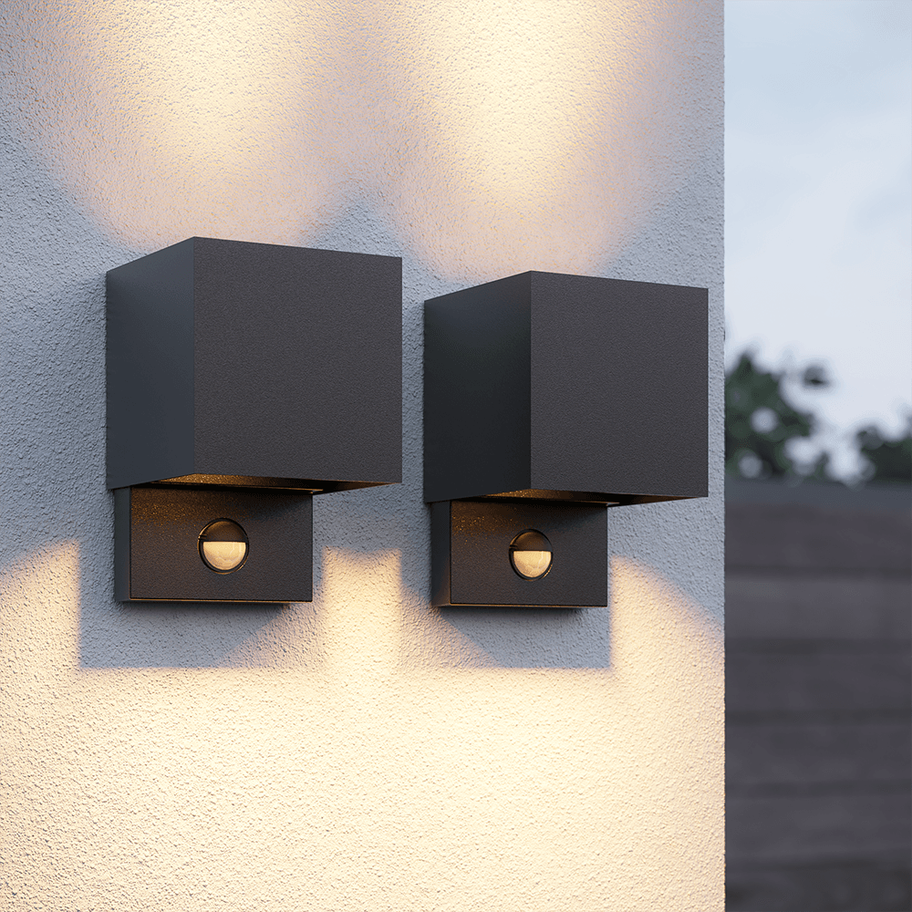 HOFTRONIC™ Set van 2 Kansas LED wandlamp PIR Sensor - IP65 - 3000K warm wit - 7 watt - Up & down light - Kubus - Voor buiten en binnen - Zwart
