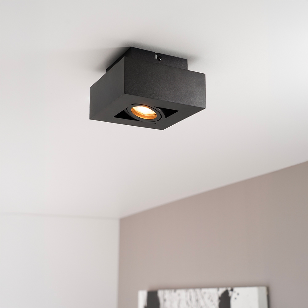 Pollux nero I - Plafonnier carré avec spot inclinable, revêtement blanc mat et intérieur noir