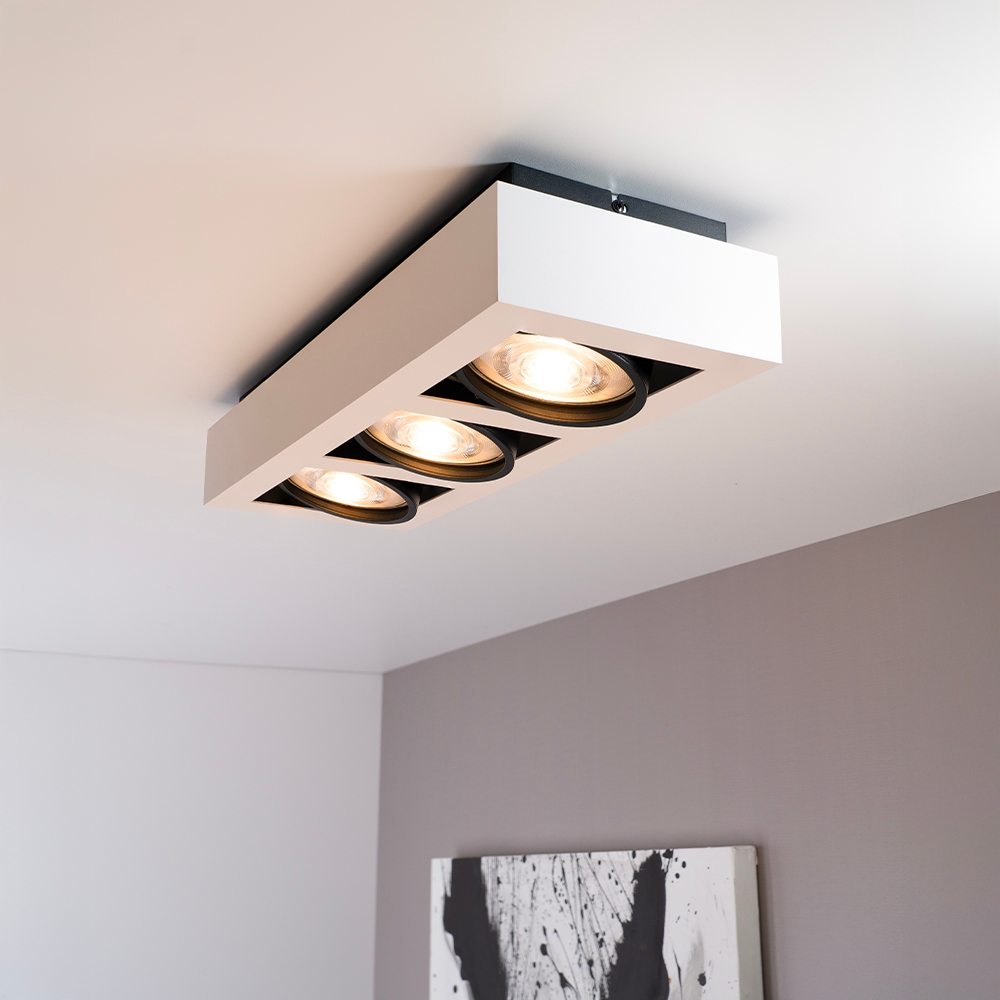 Castor bianco nero III - Rektangulær 3-lys loftslampe med vippespots
