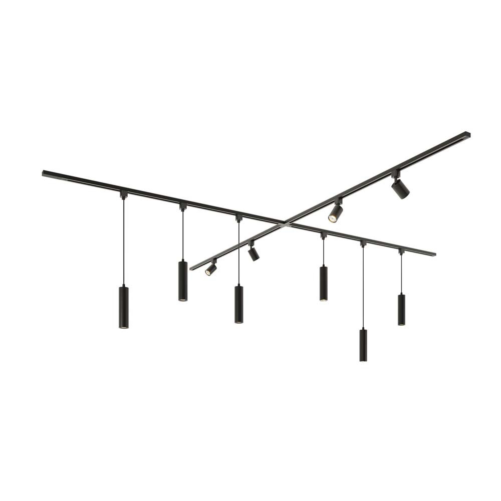 Taros LED-skinnesystem-pakke - X-form - 4 x 1,5 m skinne - 4 skinnespots - 6 pendel lampe