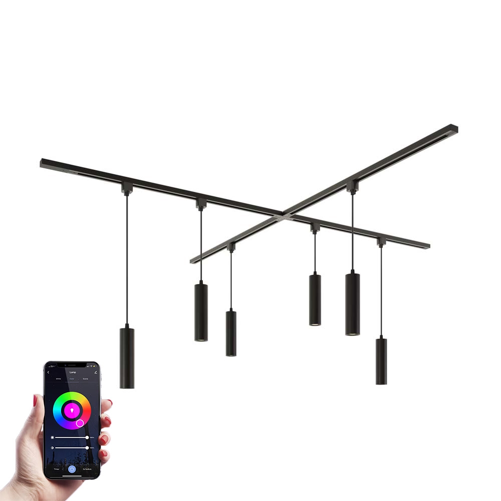 Taros LED-skinnesystem-pakke - X-form - 4 x 1 m - 6 pendel lampe - RGBWW GU10