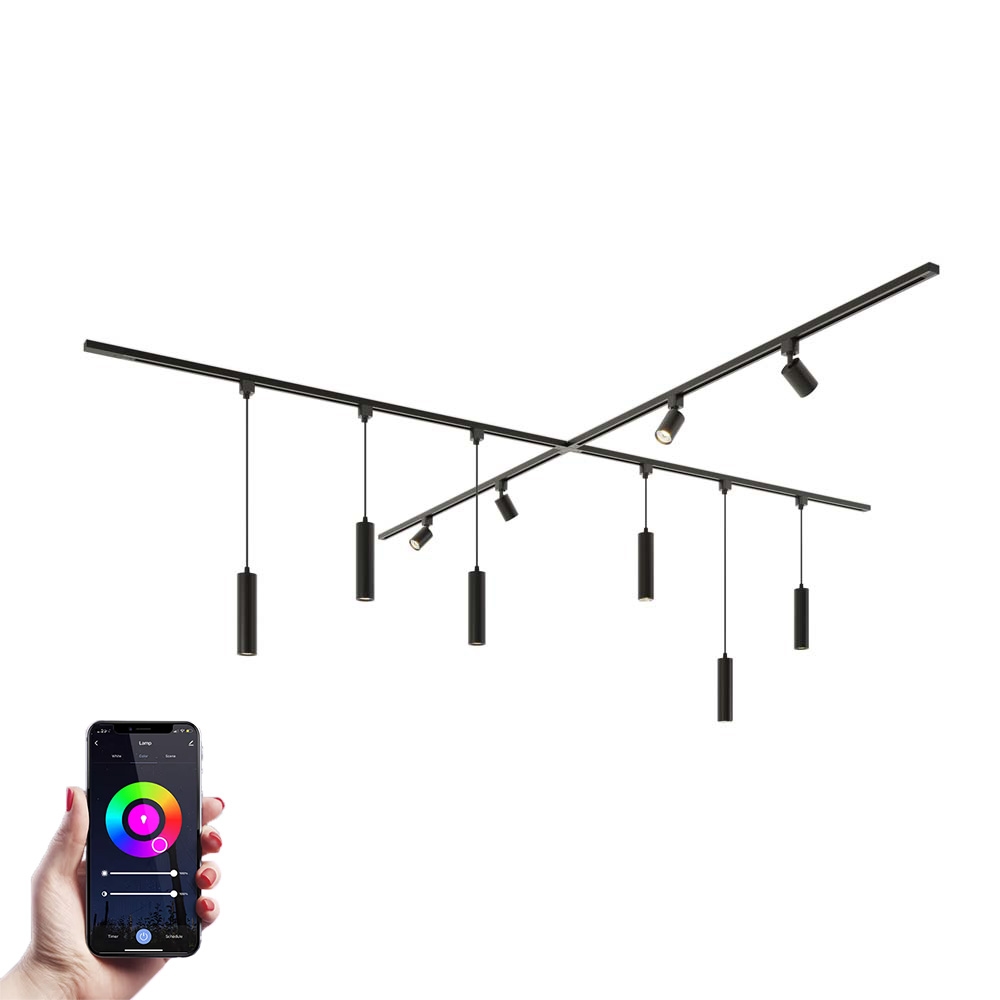 Taros LED-skinnesystem-pakke - X-form - 4 x 1,5 m - 4 skinnespots - 6 pendel lampe - RGBWW GU10