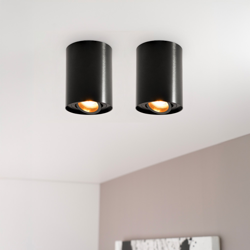 2x Solis nero - Cilindervormige opbouwspot met enkel lichtaccent en een geborstelde zwarte coating