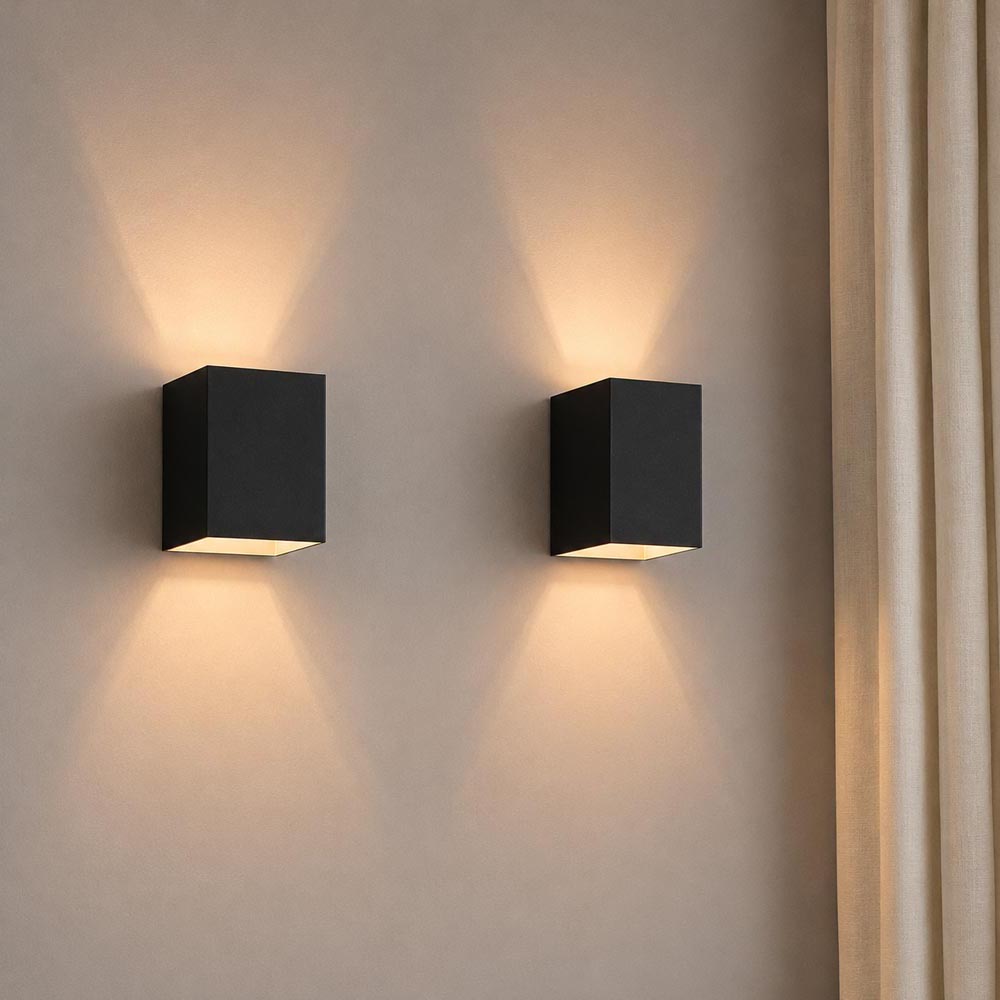 2x Cometa nero oro - Rechthoekige wandlamp met mat zwarte coating en gouden interieur - Up and downlight