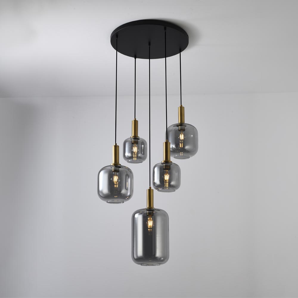 Hängelampe Xirena vetro fumé V – E27 – Fünf Kugeln aus Glas – IP20