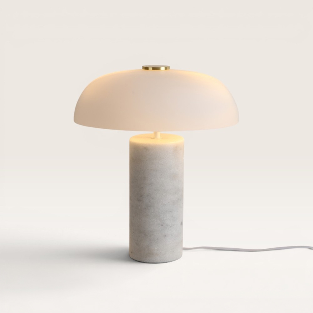 Tischleuchte Ivelon marmo – Pilzlampe aus Opalglas und Marmor