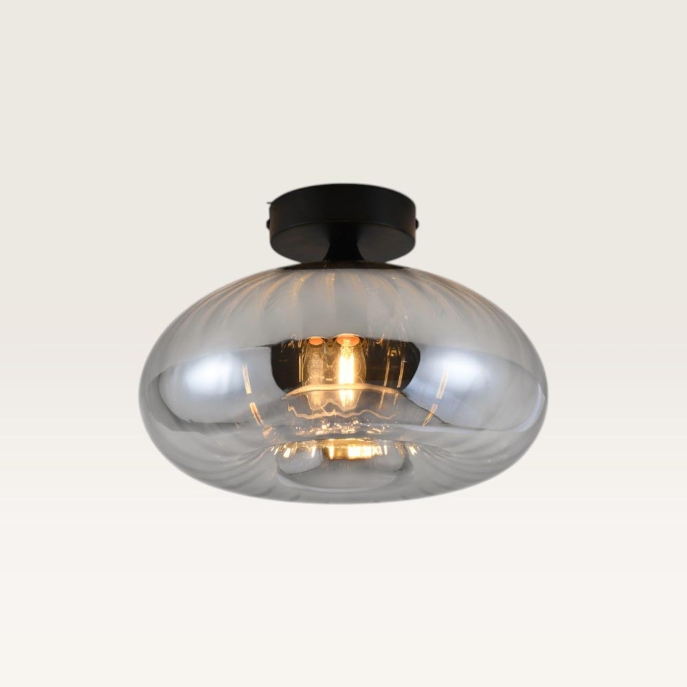 Loftlampe Zareon vetro fumé - Sølvfarvet kugle af røget glas og sort holder