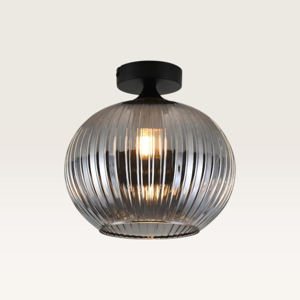 Loftlampe Globo vetro fumé - Kugle af riflet røgglas og sort holder