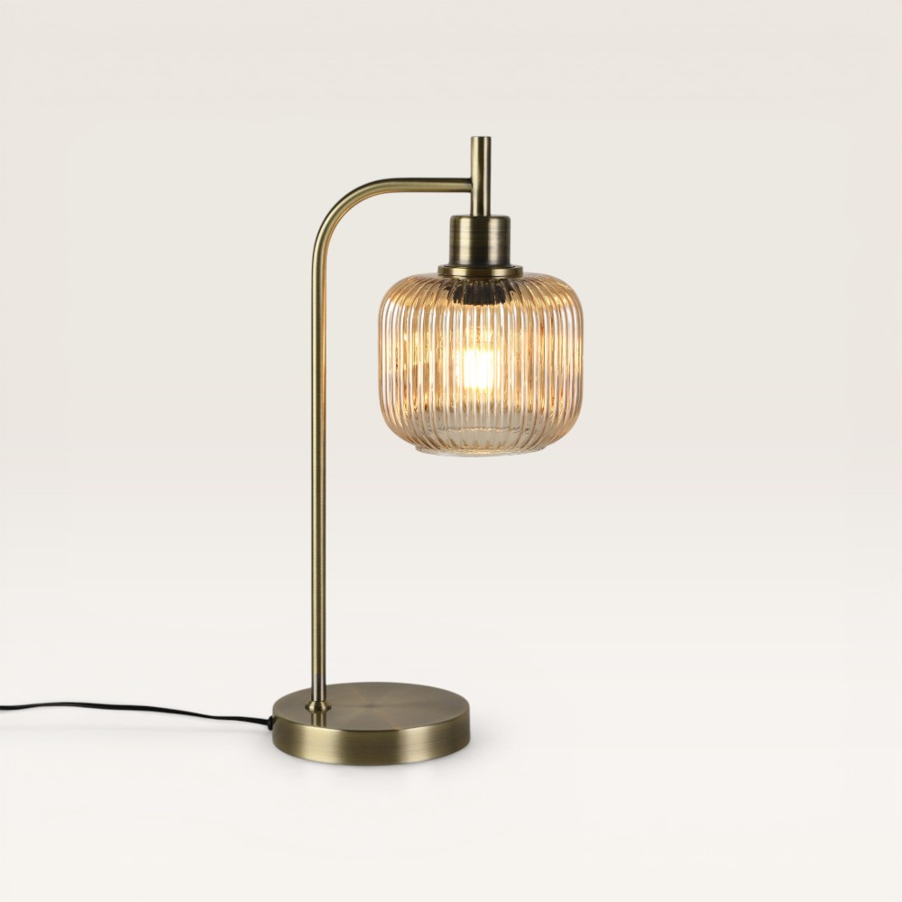 Table lamp Virello ambra angolo - Ribbed amber-coloured glass globe