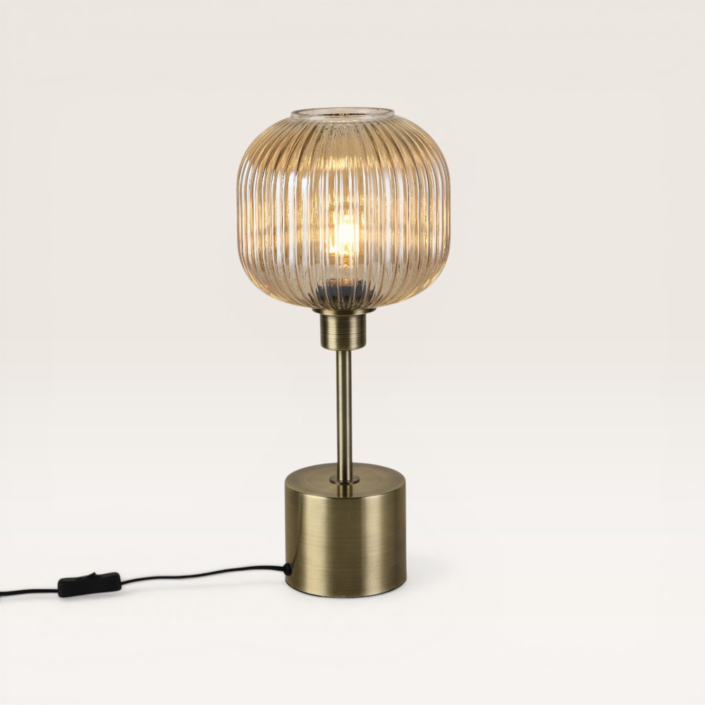 Table lamp Virello ambra spillo - Ribbed amber-coloured glass globe